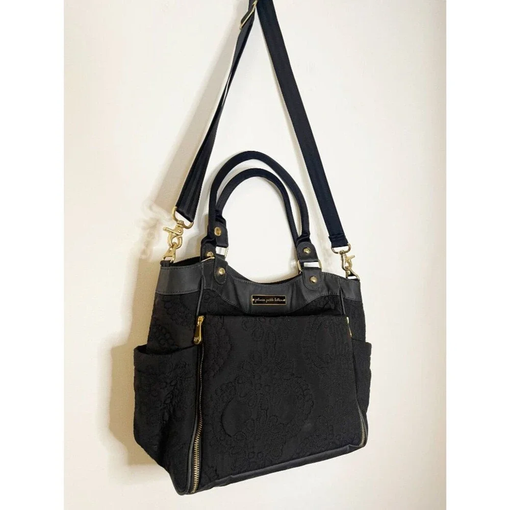 Petunia Pickle Bottom Black Embroidered Diaper Bag Convertible Tote Crossbody
